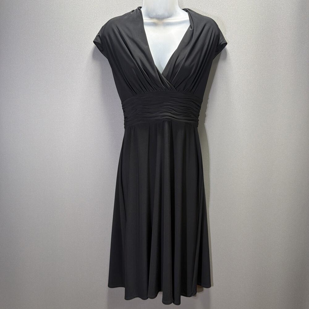 Evan Picone Beautiful V-Neck Ruched Fit & Flare Midi Dress Size 8 Stretch
